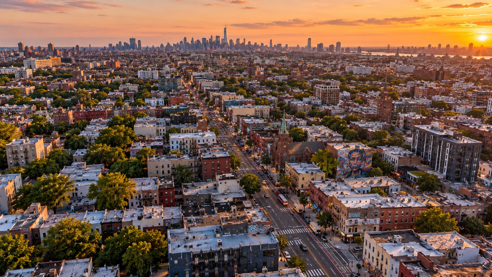 Aerial view of Bushwick, Brooklyn at sunset, with the Manhattan skyline in the distance
